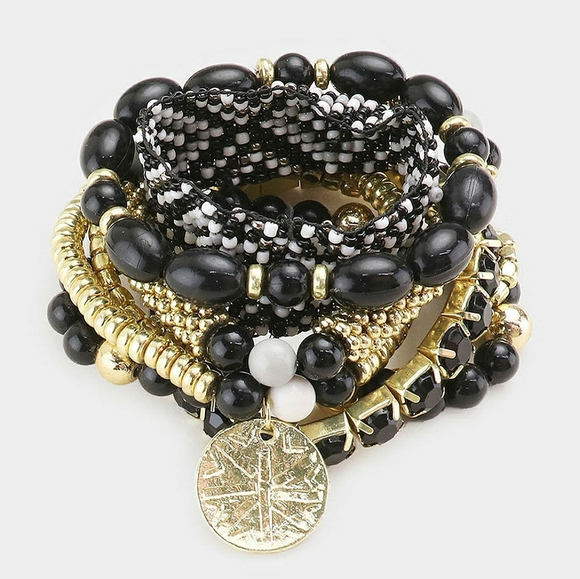 Black Gold Beaded 7 PC Stretch Layered Bracelets - Picture 3 of 4